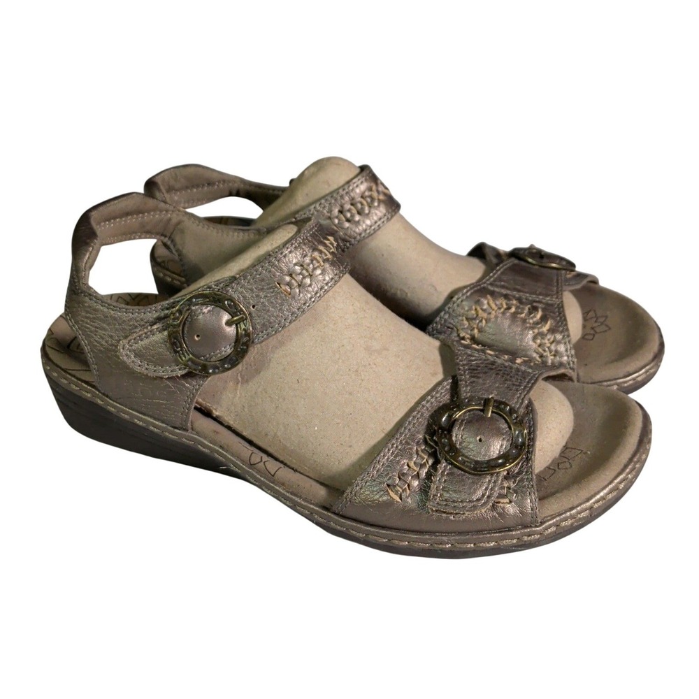 Taos Weaver Sandals Womens Size 8 EU 39 Silver Leather Wedge Ankle Strap Boho
